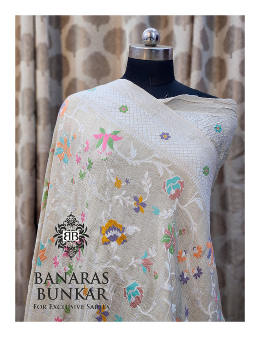 Banarasi Handloom Pure Khaddi Tussar Georgette Saree with Elegant Resham Floral Buta jaal & silver Zari Weaving