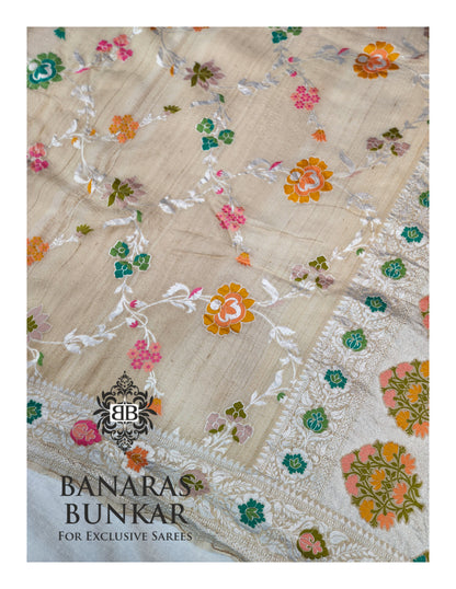 Banarasi Handloom Pure Khaddi Tussar Georgette Saree with Elegant Resham Floral Buta & silver Zari Weaving