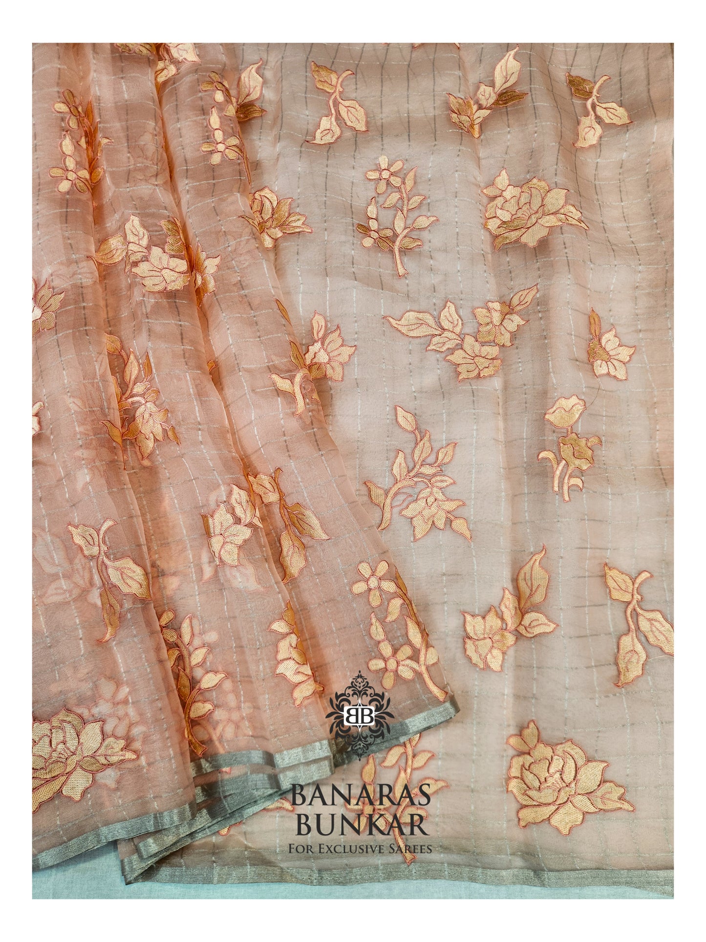 Banarasi Pure Chikankari Organza Silk Saree with Allover Floral Buta Resham Embroidery