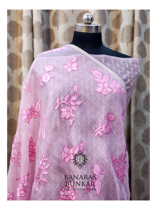 Banarasi Pure Chikankari Organza Silk Saree with Allover Floral Buta Resham Embroidery