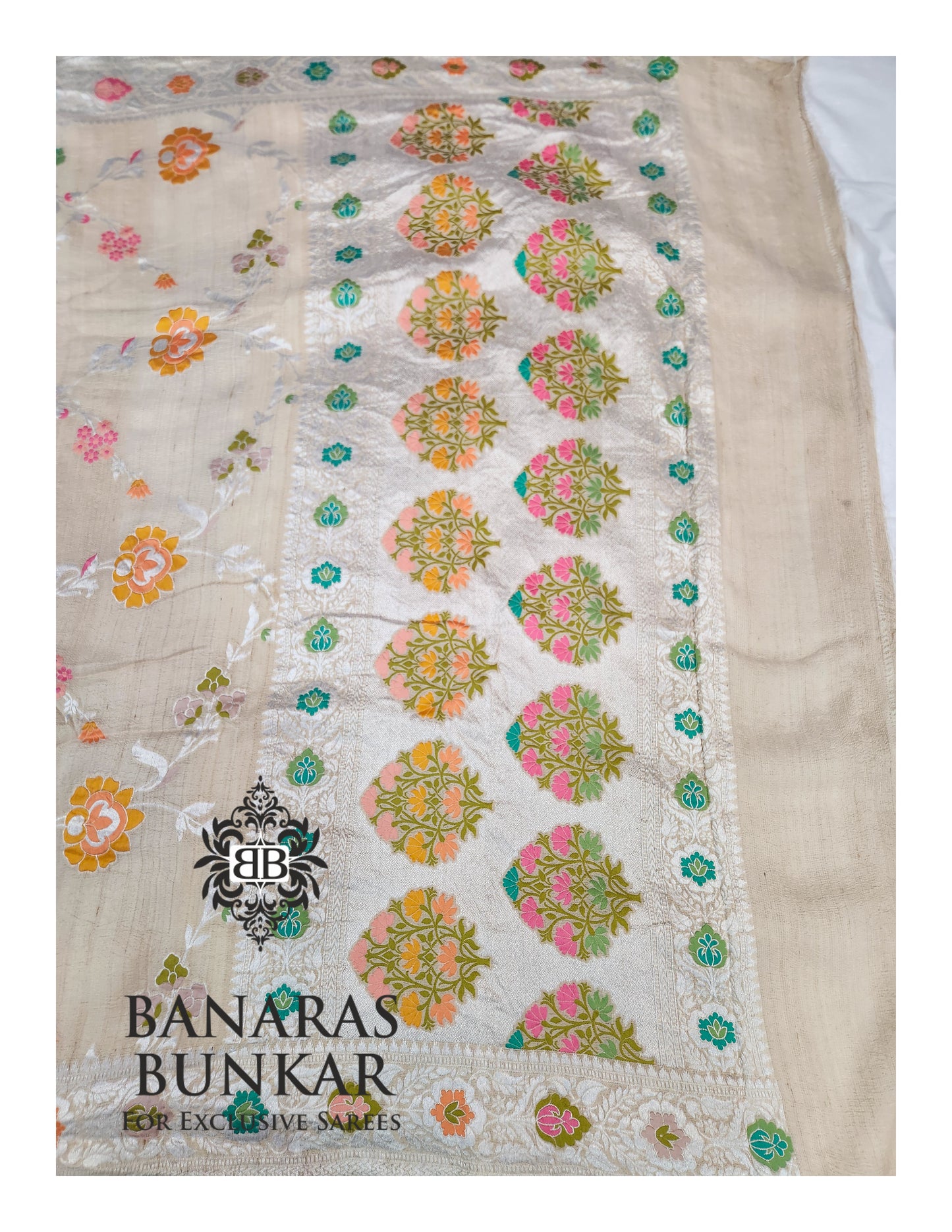 Banarasi Handloom Pure Khaddi Tussar Georgette Saree with Elegant Resham Floral Buta & silver Zari Weaving
