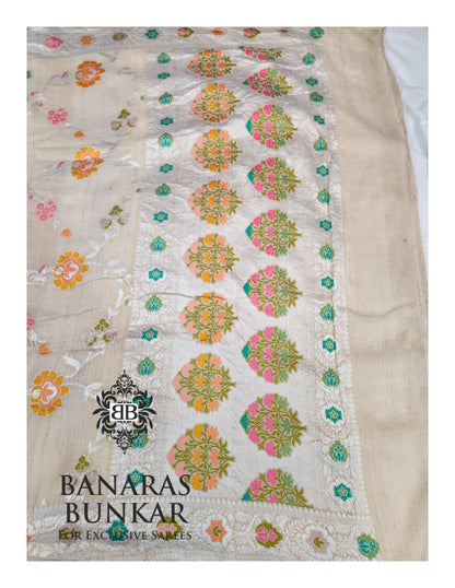 Banarasi Handloom Pure Khaddi Tussar Georgette Saree with Elegant Resham Floral Buta & silver Zari Weaving