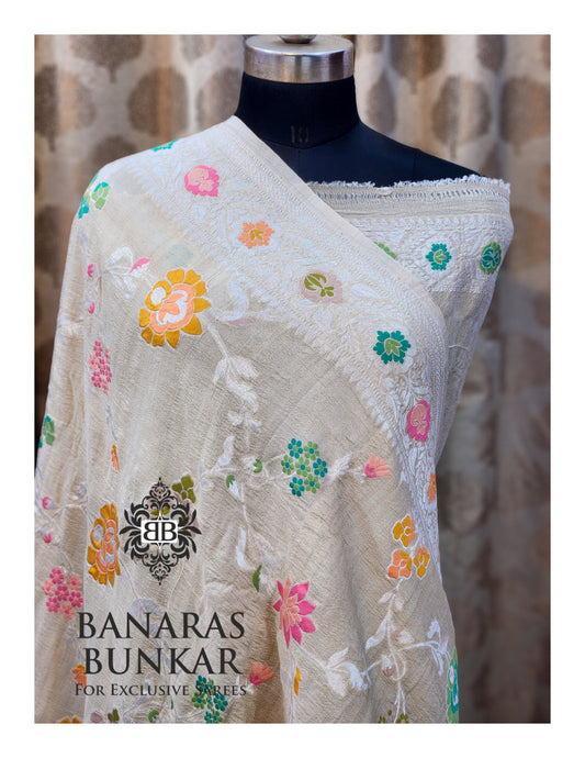Banarasi Handloom Pure Khaddi Tussar Georgette Saree with Elegant Resham Floral Buta & silver Zari Weaving