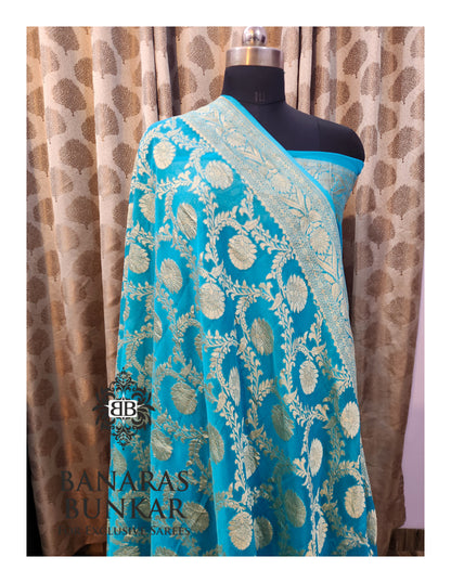 Teal Blue Banarasi Handloom Khaddi Georgette saree| Allover Floral Jaal Design & Equal Border in water zari