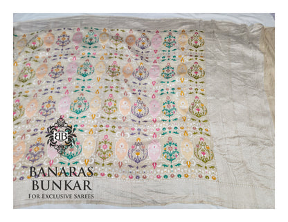 Banarasi Handloom Pure Khaddi Tussar Georgette Saree with Elegant Resham Floral Buta & Gold Zari Weaving