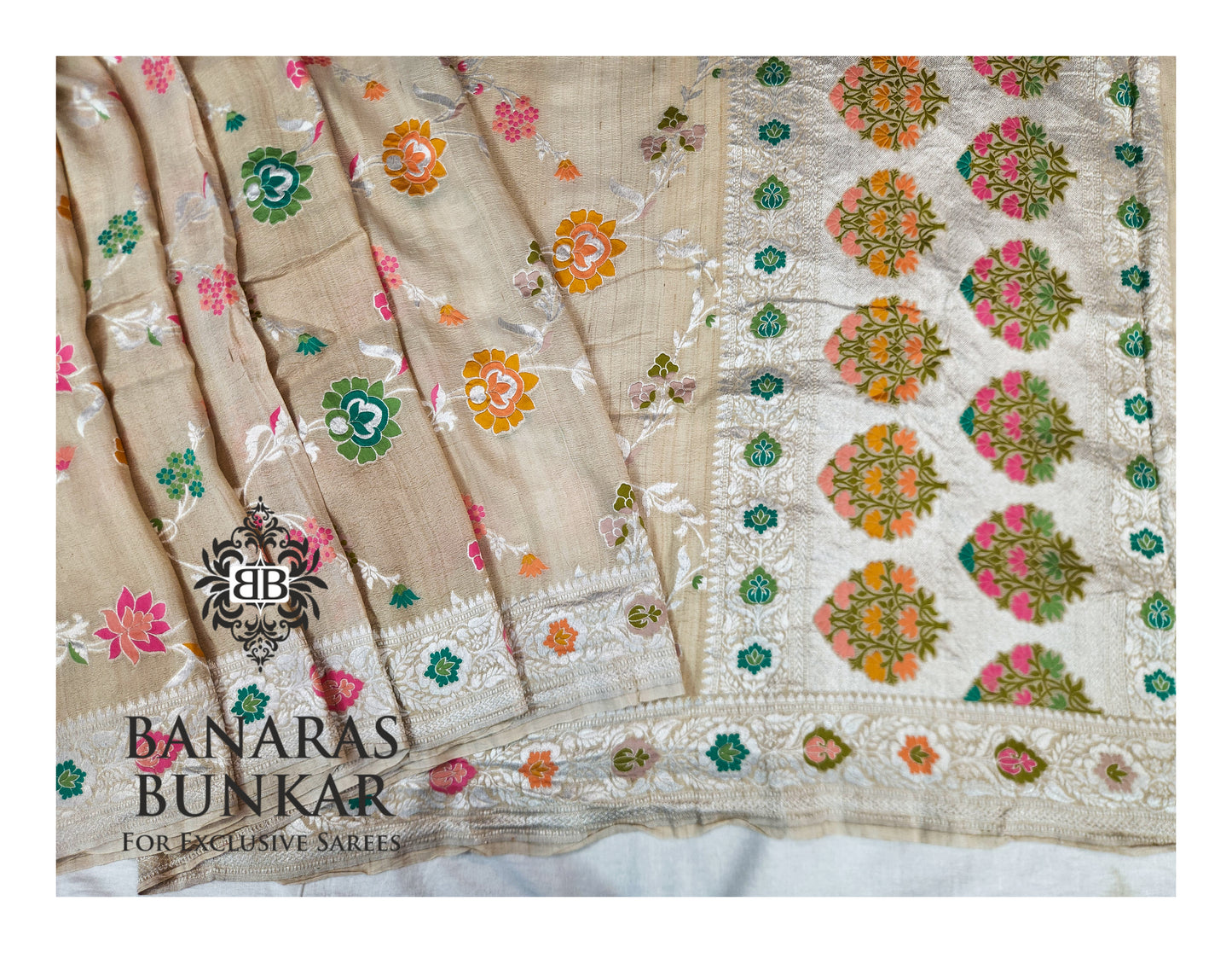 Banarasi Handloom Pure Khaddi Tussar Georgette Saree with Elegant Resham Floral Buta & silver Zari Weaving