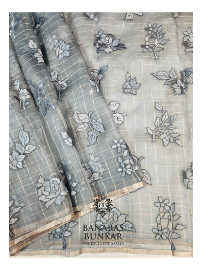 Banarasi Pure Chikankari Organza Silk Saree with Allover Floral Buta Resham Embroidery