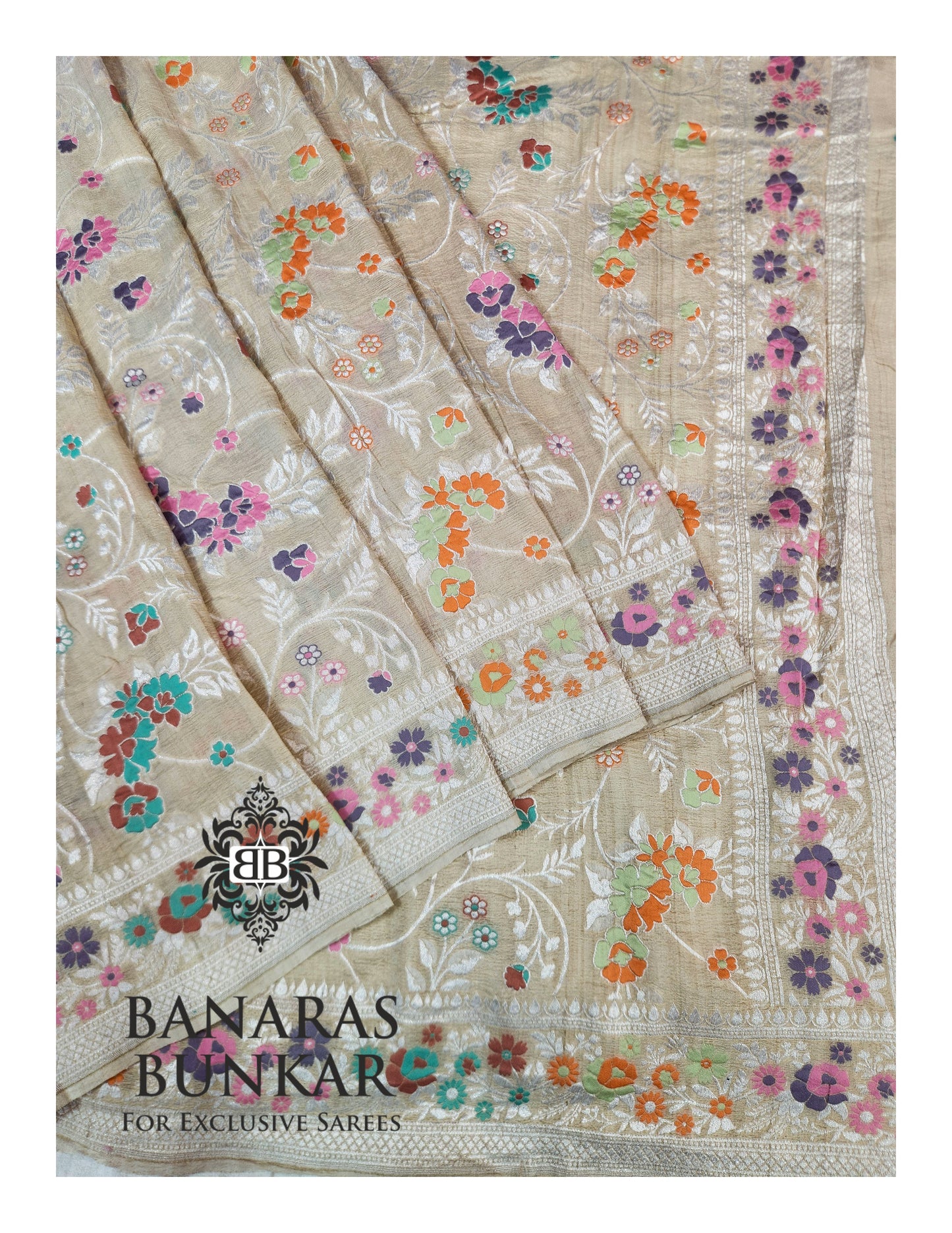 Banarasi Handloom Pure Khaddi Tussar Georgette Saree with Elegant Resham Floral Buta & Gold Zari Weaving